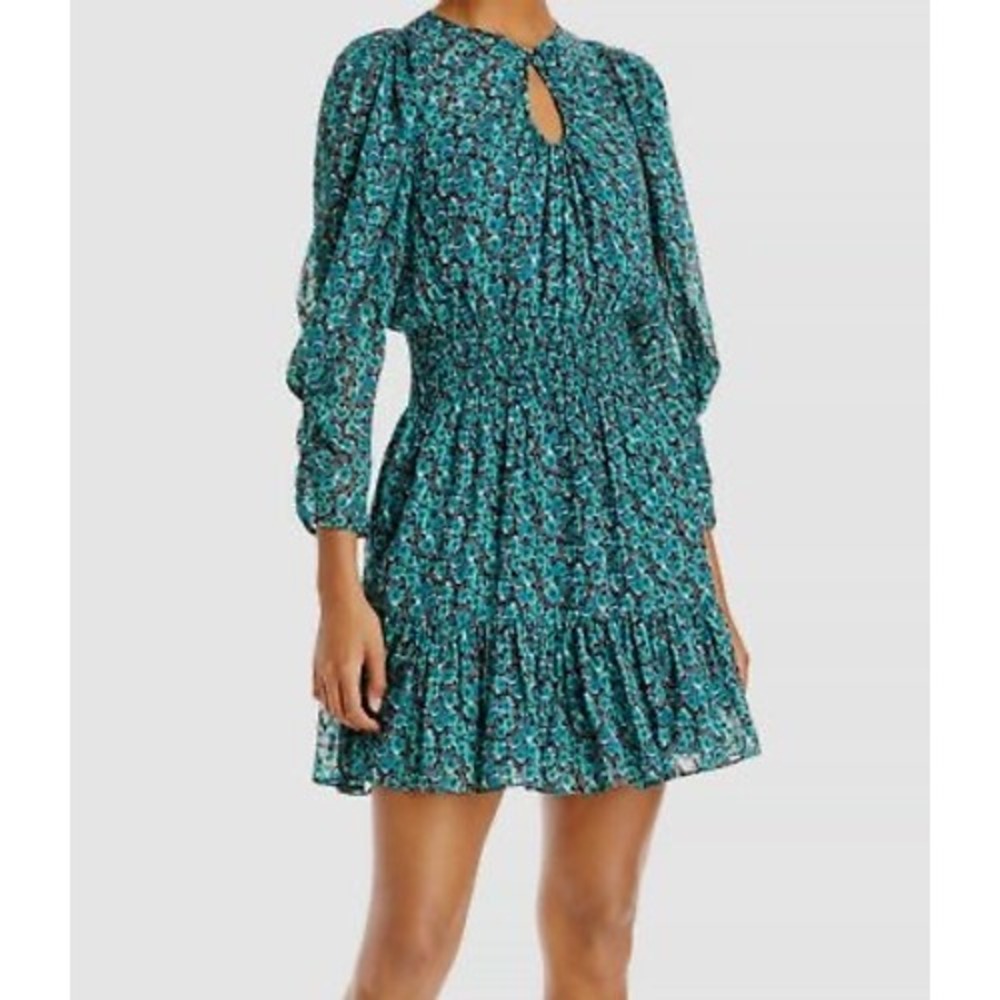 Rebecca‎ Taylor Teal Floral Smocked Waist Chiffon Mini Dress XS Long Sleeve